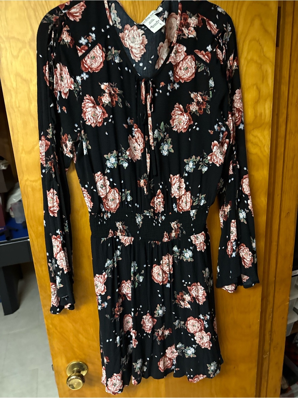 American Rag Black Floral Long-Sleeve Smocked-Waist Dress with Rose Print